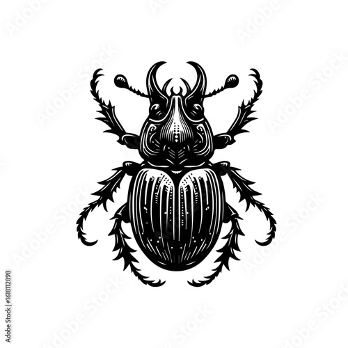 Intricate Black and White Illustration of a Majestic Rhinoceros Beetle.