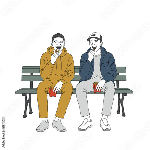 Two friends laughing while sharing fries on a bench, minimalist black and white line drawing, vector illustration with mustard yellow and soft denim blue accents