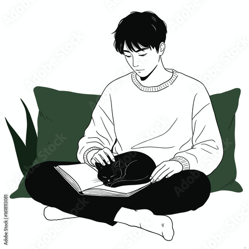 Young man petting black cat on lap while reading, minimalist black and white line drawing, vector illustration with deep black and forest green accents, white background