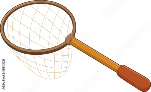 Cartoon illustration of a fishing net with a long wooden handle for catching.