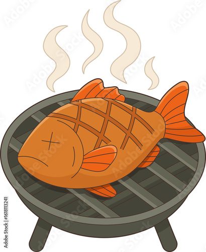 Cooked fish with grill marks on a BBQ grill and steam rising above it.