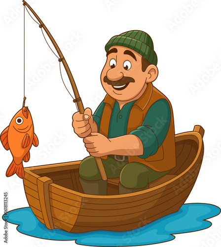 Cartoon fisherman reeling in a fish from a wooden boat on the water.