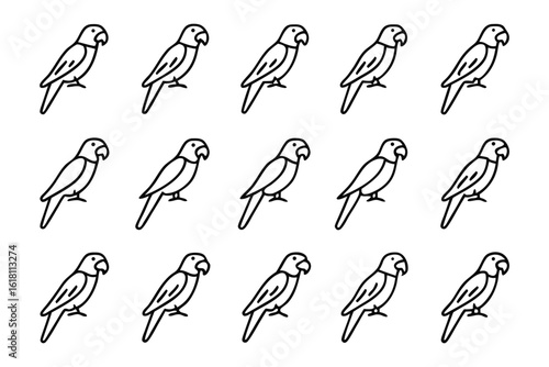 Parrots Lineup in Symmetry: A collection of outline parrot illustrations arranged in an organized, repeating pattern, embodying balance and precision.