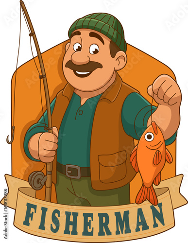 Happy fisherman with a catch of the day standing near a sign with fisherman.