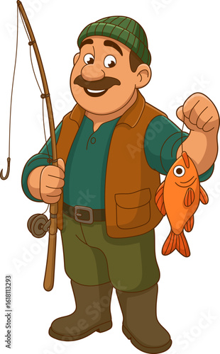 Cartoon fisherman smiles, holding a caught fish, with fishing pole in hand.