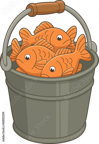 Bucket full of fish: three orange fish are crammed in a metal container.