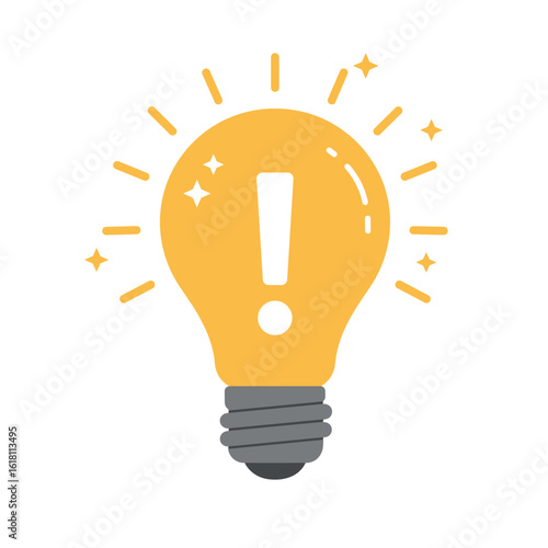 Light bulb with exclamation mark inside surrounded by small sparkles, flat vector illustration, minimalist but expressive design on white background