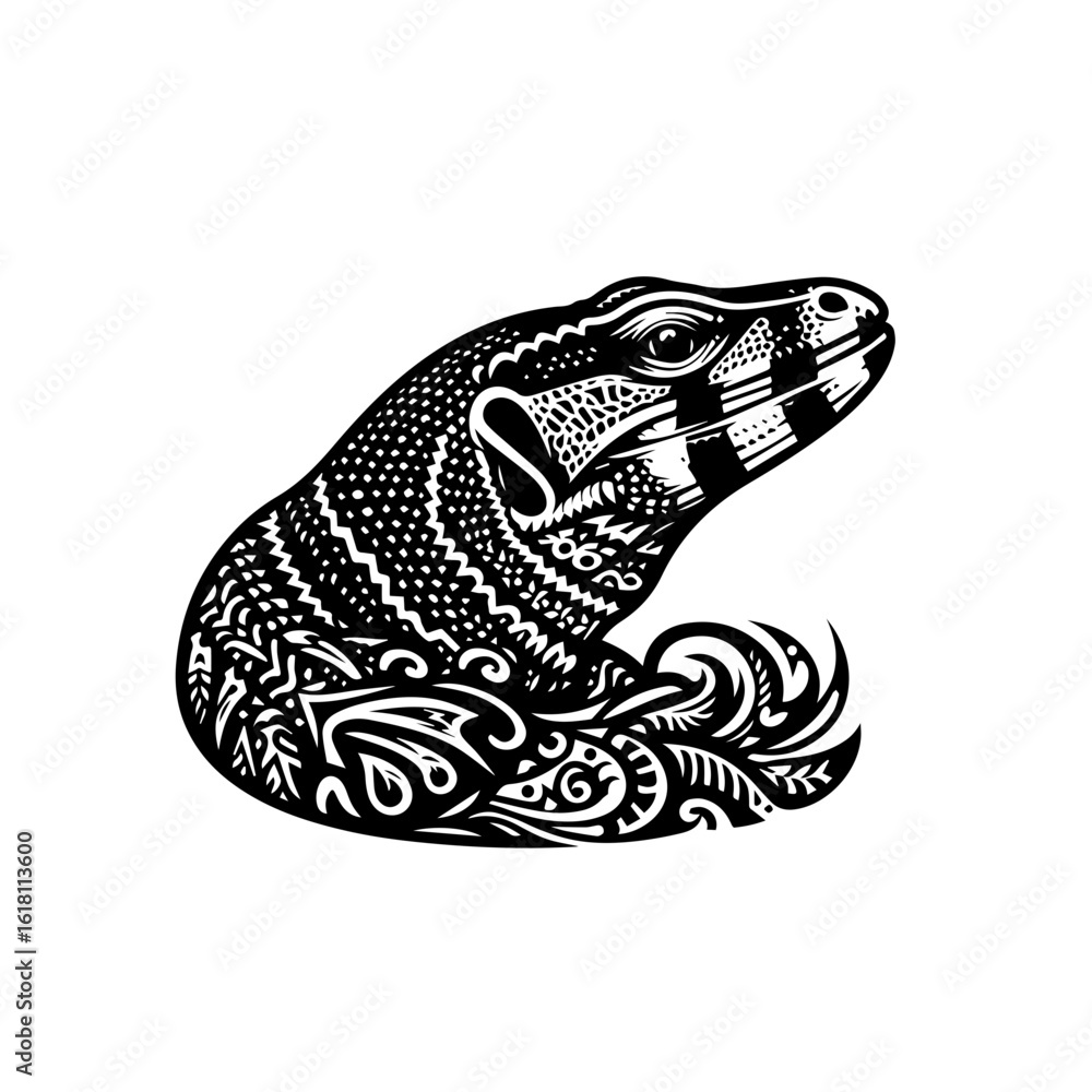 Fototapeta premium Intricate Black and White Tribal Tattoo Design of a Monitor Lizard Head.