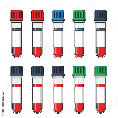 Set of blood test vials with different colored caps in flat vector style, minimal and clear layout on white background 