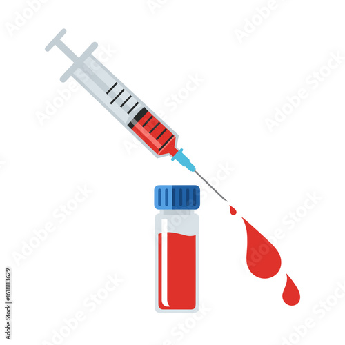 Syringe withdrawing blood into vial, dynamic medical illustration with warm red tones on white background 