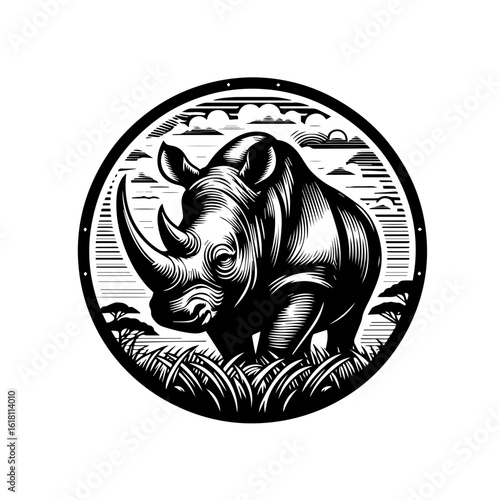 Majestic Black and White Rhinoceros in a Circular Emblem.