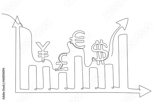 Continuous one-line drawing showing global currency symbols integrated into a fluctuating bar chart, symbolizing international financial market trends. Vector illustration, Editable stroke