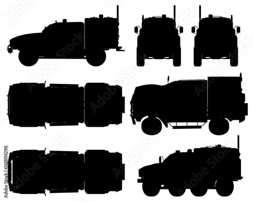Black silhouettes of armored police trucks stand out against a clean white background. The vehicles are detailed with sharp outlines, showcasing their robust and tactical design.