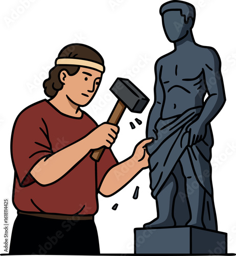 Sculptor chiseling classical statue with hammer and chisel in artistic workshop 