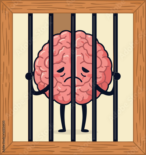 Sad cartoon brain character behind wooden jail bars locked in mental prison vector illustration 