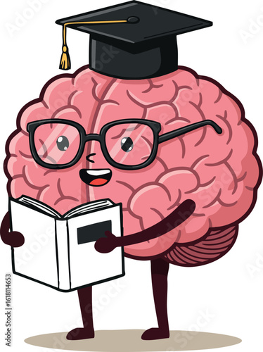 Brain character reading book wearing graduation cap and glasses vector illustration 