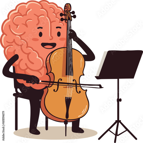 Brain playing cello with music stand creative concept vector illustration 