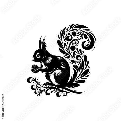 Wallpaper Mural Ornate Black Silhouette of a Squirrel Holding a Nut with Decorative Tail. Torontodigital.ca