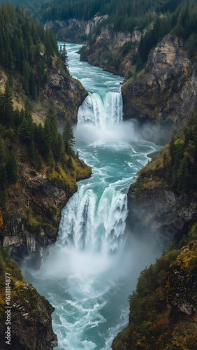 Majestic Waterfall Cascading Through Rugged Canyon