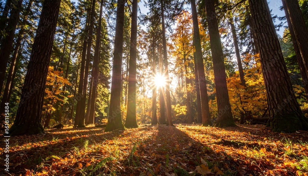 Obraz premium Sunlight filtering through autumn forest
