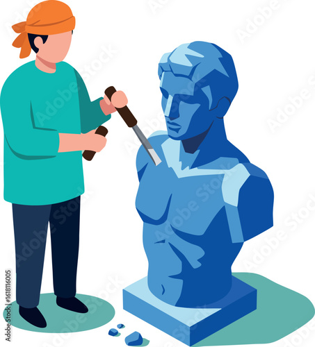 Sculptor Carving Blue Statue Bust with Chisel and Hammer Vector Illustration 