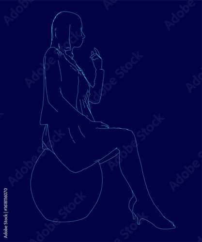 A young girl sits comfortably on a contoured bean bag chair, holding a cigarette with relaxed elegance. The deep blue background enhances the moody atmosphere.