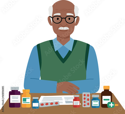 Elderly man sitting at table with various medication bottles and pills vector illustration 