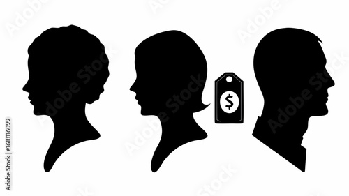 Silhouettes of three people with a price tag between two of them in black and white illustration style | editable eps vectors