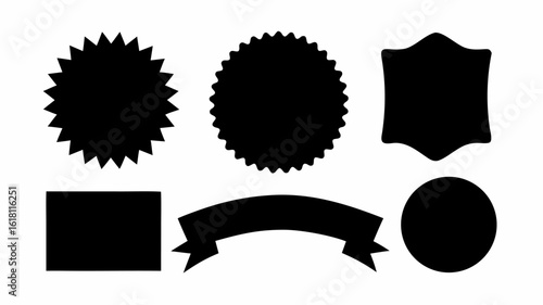 Illustration of six black shapes including two starbursts a banner a rectangle a circle and a shield shape | editable eps vectors silhouette