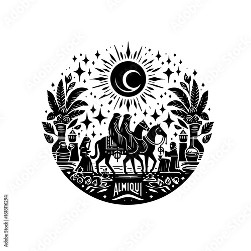 Stylized Black and White Silhouette of a Camel Caravan Journey Under a Celestial Sun and Moon.