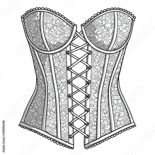 Floral lace corset front with satin ribbon lacing, fashion detail in textured flat vector style on white background