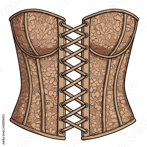 Lace corset front with crisscross lacing and floral motifs, textured flat vector in fashion detail style on clean white background