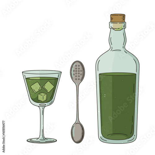 Traditional absinthe ritual setup in textured flat vector style with vintage tones and soft gradients on white background