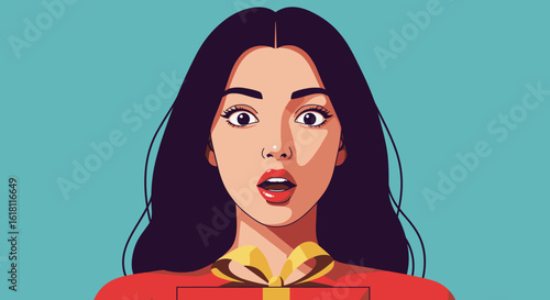 Woman holding gift box with wide eyes and parted lips, surprised expression in close-up, flat minimalist vector illustration
