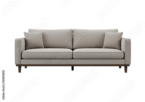Light beige couch with wooden legs.