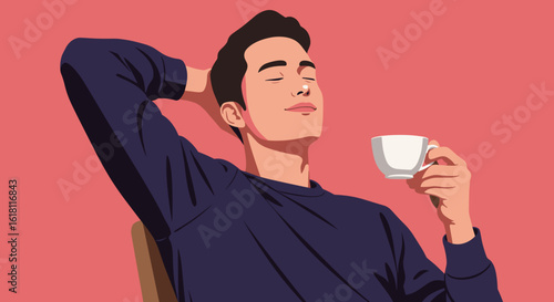 Man relaxing in chair sipping tea in clean vector illustration, flat minimalist style with cozy calm indoor moment