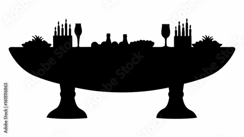 Silhouette of a table laden with food cakes drinks and candles for a celebration or party scene | editable eps vectors