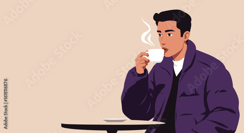 Man with coffee at street café, clean vector illustration, flat minimalist style with bold color blocks and smooth shading, solid or subtle gradient background, with copy space