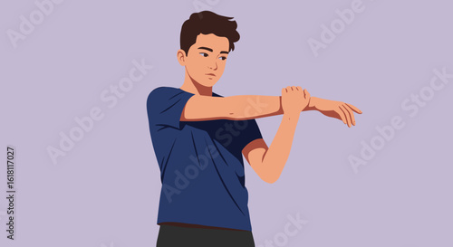 Boy stretching arms before workout, clean vector illustration, flat minimalist style with bold color blocks and smooth shading, solid background, with copy space