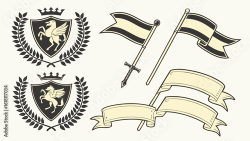 Heraldic crests flags and banners vector illustration for graphic design needs