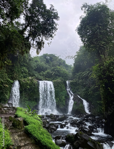 Tropical Waterfall in Lush Green Rainforest