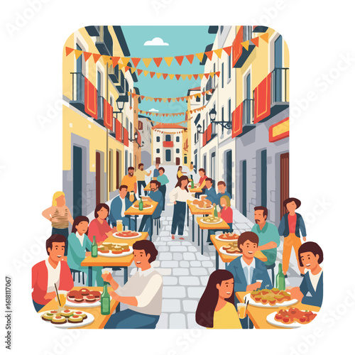 Spain St. James' day, tapas eating atmosphere on ancient stone street. Vector flat design cartoon. AI generated images.
