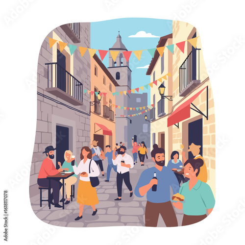 Spain St. James' day, tapas eating atmosphere on ancient stone street. Vector flat design cartoon. AI generated images.