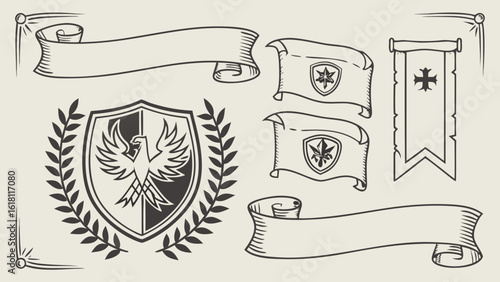 Vintage heraldic crests banners and ribbons vector graphic design elements set