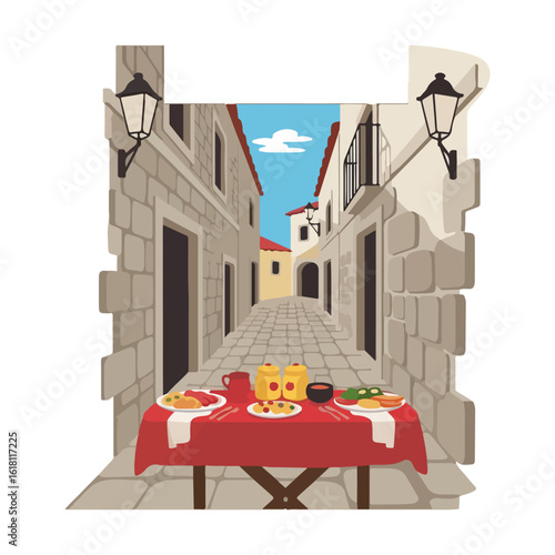 Spain St. James' day, tapas eating atmosphere on ancient stone street. Vector flat design cartoon. AI generated images.