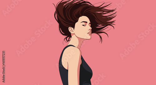 Girl tossing her hair, clean vector illustration, flat minimalist style with bold color blocks and smooth shading, solid or subtle gradient background, with copy space