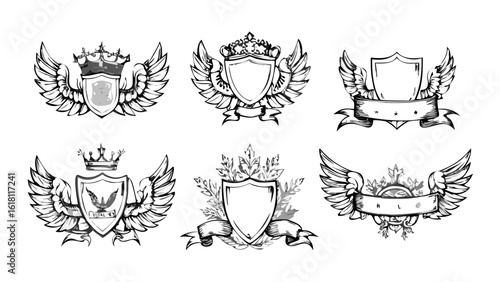 Heraldic shields with wings vector set for logo design and tattoo illustration
