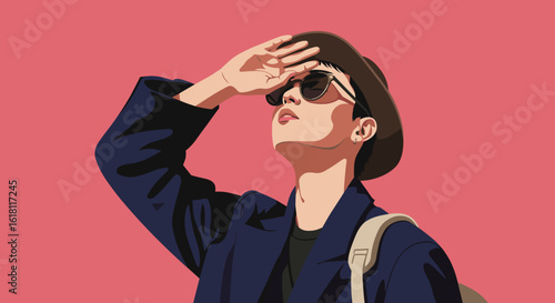Tourist shielding eyes from sun, upward angle, clean vector illustration, flat minimalist style with bold color blocks and smooth shading, solid background, with copy space