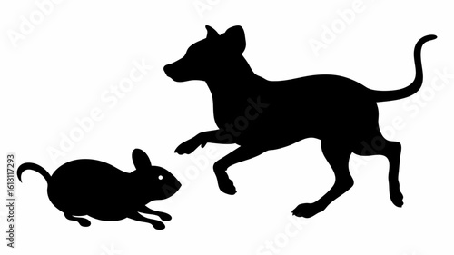 Silhouette of a dog chasing a mouse with the dog in mid stride and the mouse running away quickly | editable eps vectors