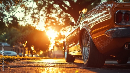 Classic car parked on a sunlit street at sunset